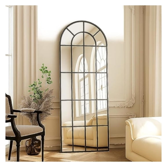 Windowpane Arched Full Length Mirror, 69"x25" Inch Wall Mounted Mirror with Metal Frame, Farmehouse Grid-Designed Decorative for Entryway, Living Room, Home Decor, Black