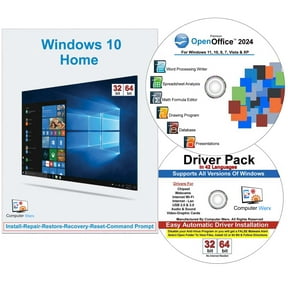 Windows 10 Home 32/64 Bit DVD with Key Install Repair Recover Restore Plus Drivers Pack & Open Office, 3PK