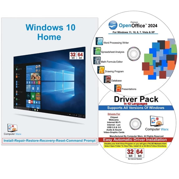 Windows 10 Home 32/64 Bit DVD with Key Install Repair Recover Restore Plus Drivers Pack & Open Office, 3PK
