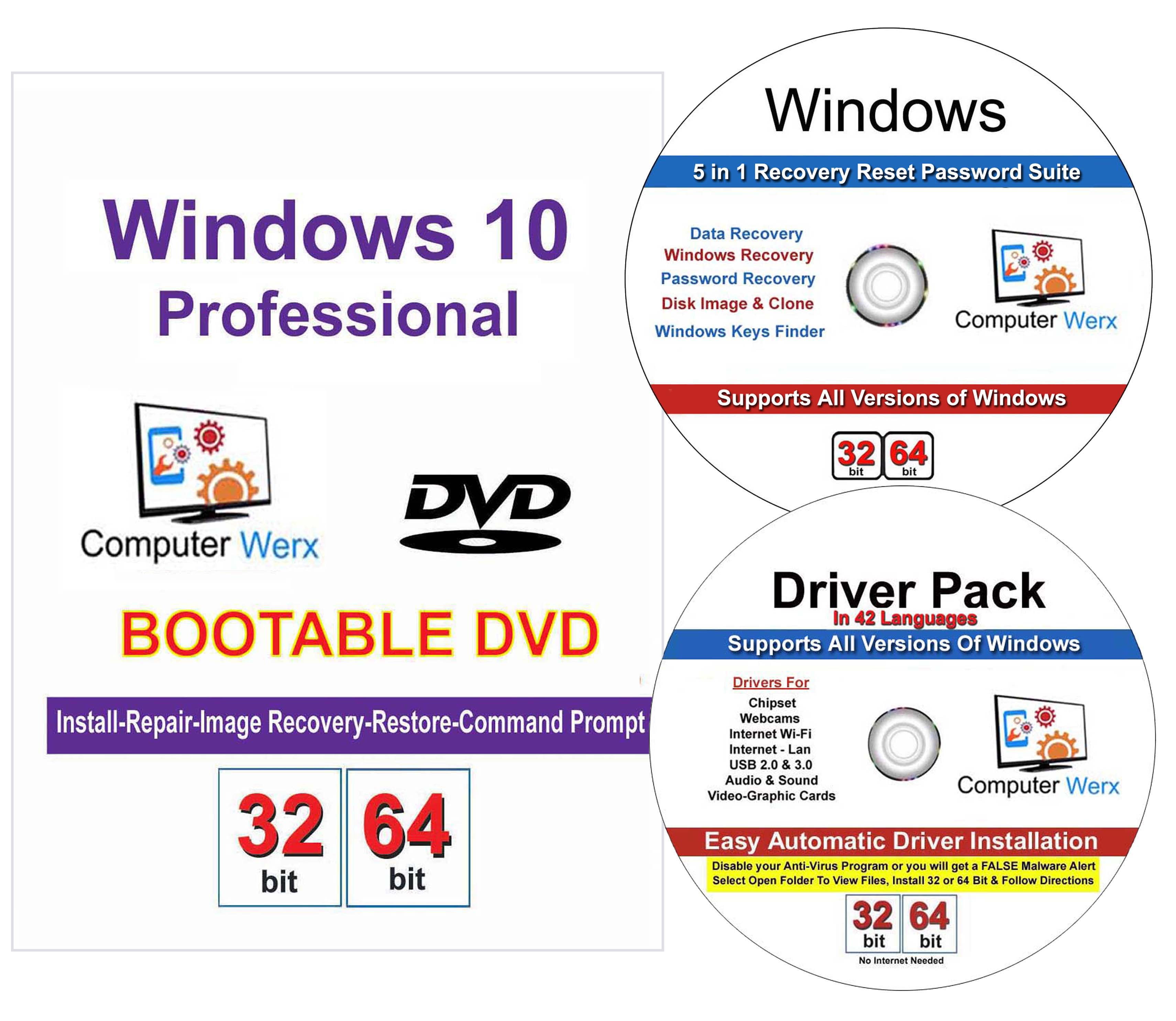 Windows 10 Professional 32/64 Bit Repair Recover Restore Install DVD w/Key & 5 in 1 Utility