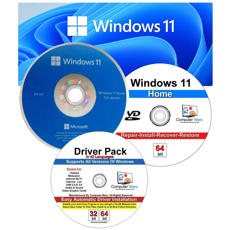 Windows 11 Home 64 Bit DVD & Repair, Recover, Restore, Reinstall Software &  Drivers Pack. 3 Pack