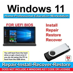 Windows 11 Home, Professional, Education, Workstation 64 Bit Repair, Recover, Restore & Reinstall USB Flash Drive For UEFI Bios