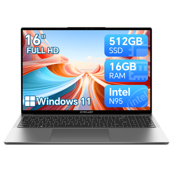 Windows 11 Laptop Computer 16.1 inch FHD Display Laptop, 16GB RAM 512GB SSD, Quad-Core Processor Intel N95 , 1920x1200, Intel UHD Graphics, Office 365, BT 5.0