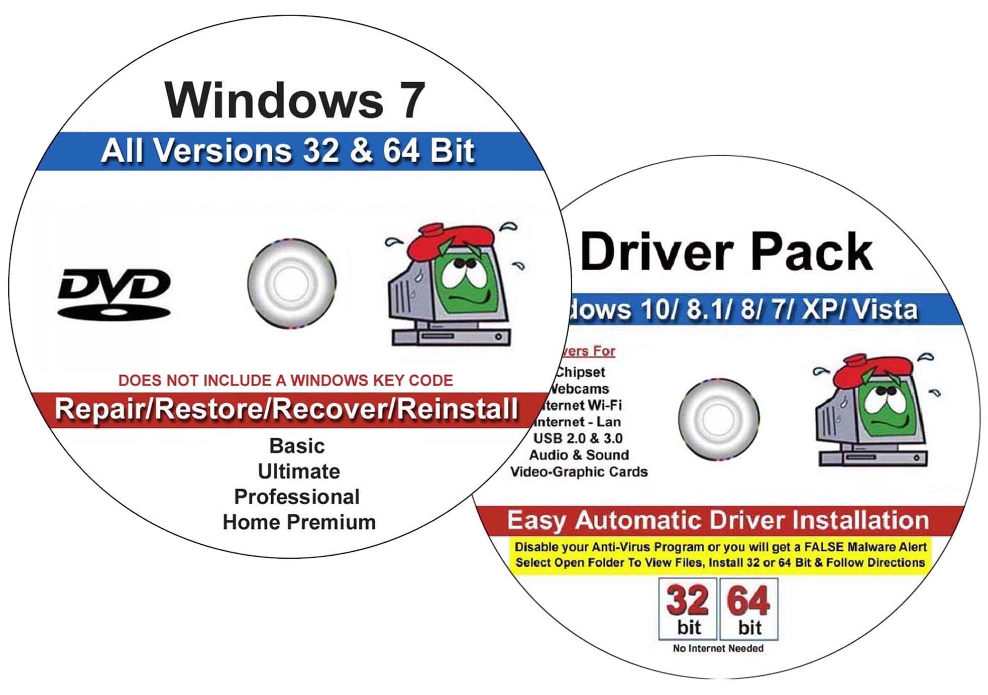 COMPUTER WERX Windows 7 All Versions Repair Recover Restore Re-install 32/64 Bit DVD Plus Drivers Pack