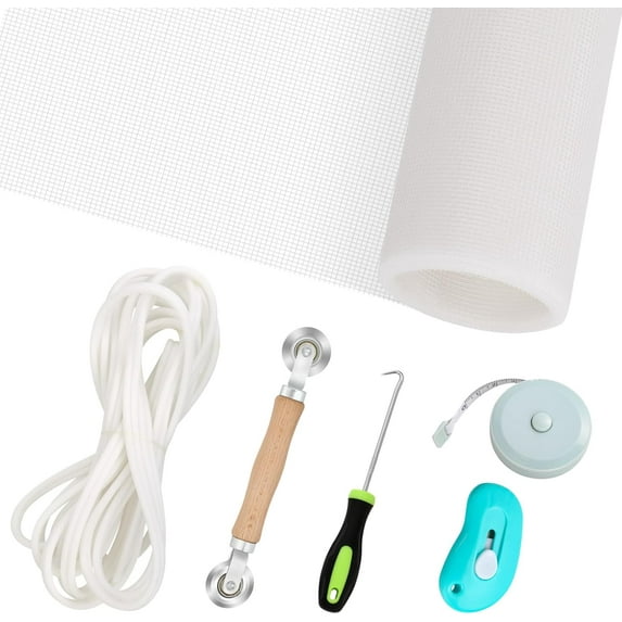 SUMMIT Windows Screen Replacement and Screen Door Repair Kit, 6Pcs Window Screen Fiberglass Mesh Kit - Window Screen & Screen Door Mesh & Screen Porch Repair Kit (White, 48" x 118")