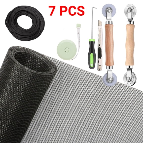 Windows Screen Replacement and Screen Door Repair Kit, 7Pcs Window Screen Fiberglass Mesh Kit - Window Screen & Screen Door Mesh & Screen Porch Repair Kit (Black, 47" x 118")