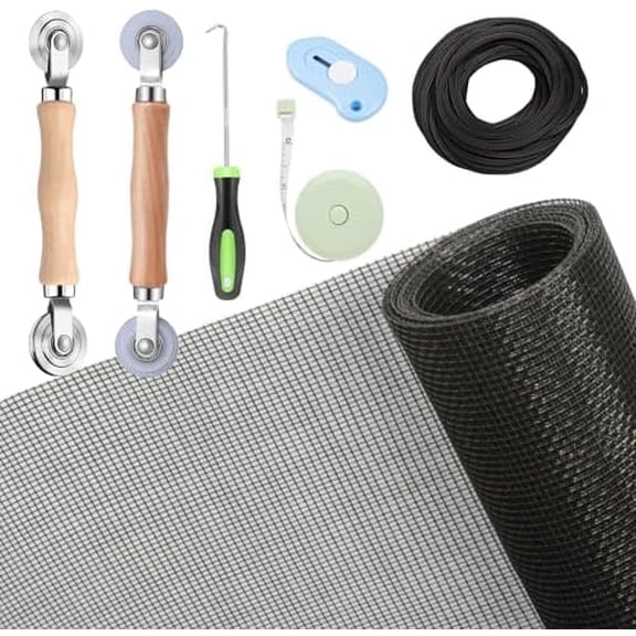 Windows Screen and Screen Door Repair Kit, 48"x118" Charcoal Fiberglass Mesh with Rolling Tool/Hook/Ruler/Cutter/Spline - Window Screen & Sliding Screen Door Replacement for Windows,