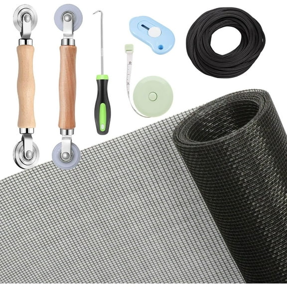 Windows Screen and Screen Door Repair Kit, 48"x118" Charcoal Fiberglass Mesh with Rolling Tool/Hook/Ruler/Cutter/Spline - Window Screen & Sliding Screen Door Replacement for Windows