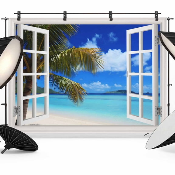 Windows Seascape Backdrop for Photoshoot,Photography Photo Studio Background Wall Backdrop,Summer Beach Coastal Palm Trees Back Drop Banner Panel for Portraits Wedding Live Streaming Decor 7x5Ft