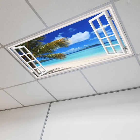 Windows Seascape Magnetic Fluorescent Light Covers for Ceiling Lights 2x4 Feet, Summer Beach Coastal Palm Trees Office Classroom Kitchen Drop Ceiling Light Covers Lighting Filters Shade Panel 1 Pack