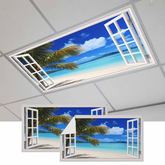 Windows Seascape Magnetic Fluorescent Light Covers for Ceiling Lights 2x4 Feet, Summer Beach Coastal Palm Trees Office Classroom Kitchen Drop Ceiling Light Covers Lighting Filters Shade Panel 2 Packs