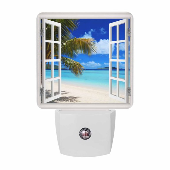 Windows Seascape Night Lights Plug Into Wall, LED Dusk to Dawn Sensor Night Light, Summer Beach Coastal Palm Trees Nightlight for Bedroom Bathroom Living Room Hallway Home Wall Decor