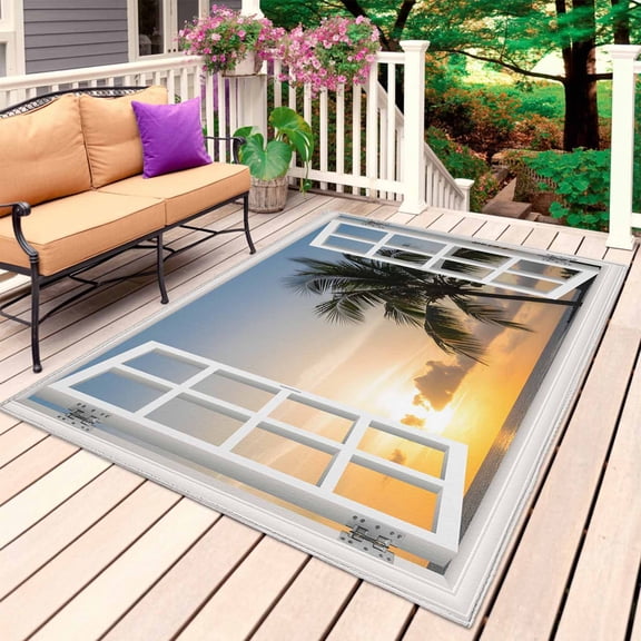 Windows Seascape Outdoor Rug for Patio/Deck/Porch, Non-Slip Large Area Rug 4 x 6 Ft, Coastal Beach Palm Tree Sunset Indoor Outdoor Rugs Washable Area Rugs, Reversible Camping Rug Carpet Runner