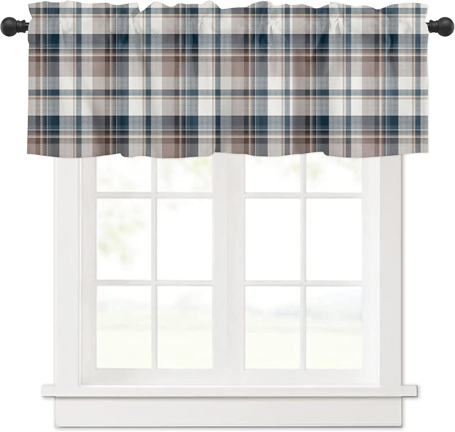 Windows Valances Curtain Check Plaid Brown and Blue Kitchen Valances ...