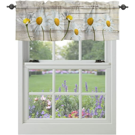 Windows Valances Curtain Daisy Flower Kitchen Valances Rod Pocket Spring Floral Retro Wood Grain Window Treatment Short Topper Curtains for Kitchen Living Bedroom 1 Panel,54 by 18 inch