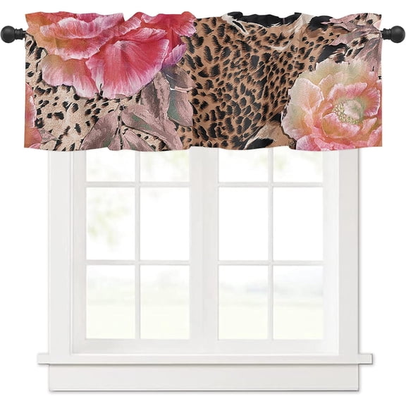 Windows Valances Curtain Leopard Print Kitchen Valances Rod Pocket Pink Floral Animal Skin Window Treatment Short Topper Curtains for Kitchen Bathroom Living Room 1 Panel,54 by 18 inches