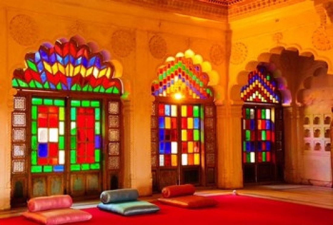 Windows of colored glass Mehrangarh Fort Jodhpur Rajasthan India Canvas Art - Inger Hogstrom DanitaDelimont (36 x 24)