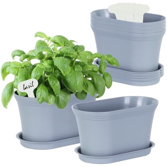 Windowsill Herb Garden Planter with Tray, Set of 6 Grey Oval Farmhouse Garden Pots for Indoor/Outdoor Plants (No Seeds)