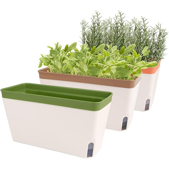 Windowsill Herb Planter Box Indoor Set of 3, 10.5 Inch Self Watering Planter Pots with Visual Water Level Window, Modern Plastic Plant Pots for Herbs, Vegetables, Succulents Plants