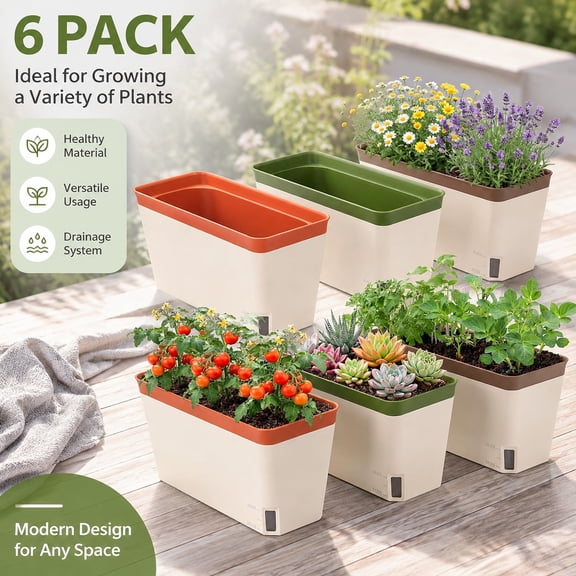 Windowsill Herb Planter Box Set of 6, 10.5 Inch Self Watering Indoor Flower Pots with Water Level Indicator, Colorful Plastic Planters for Herbs, Vegetables, Flowers