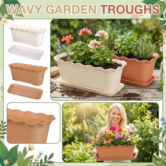 Windowsill Window Flower Box Planter, Long Scalloped Edge Plastic Container for Outdoor Balcony Patio Garden Setup