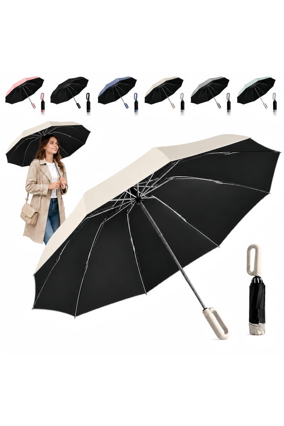 Windproof Automatic Umbrella, Reverse Folding Travel Umbrella with Carabiner Hook Handle, Compact Inverted Umbrella for Sun & Rain Protection