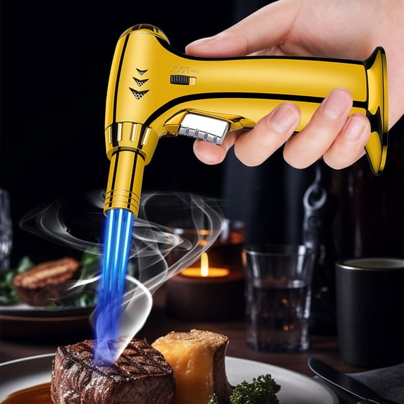 Windproof Blue Flame Butane Torch Lighter, Refillable Turbo Torch with Adjustable Flame for Outdoor BBQ, Baking, and Metal Heating, 1300°C High Temperature, Alloy Body
