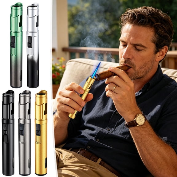 Windproof Butane Torch Lighter, Long Pen Shaped Refillable Lighter, Safety Lock Design, Portable Flame Igniter for Candle Lighting Outdoor Camping and Daily Household Use, Gold