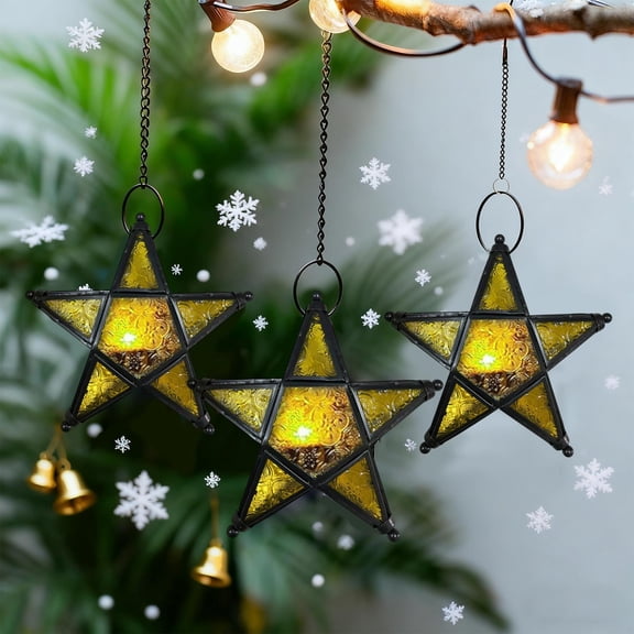 Windproof Candle Holder, ZzCityTK Retros Iron Stained Glass Wind Lamp, Five Pointed Star Holiday Decoration Metal Candlestick with Chain, Yellow