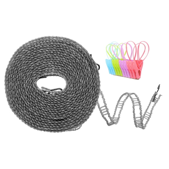 Windproof Clothesline, 5M 16.4ft Plastic Non-Slip Clothes Drying Rope with 12 Clips, Portable Washing Line, Grey
