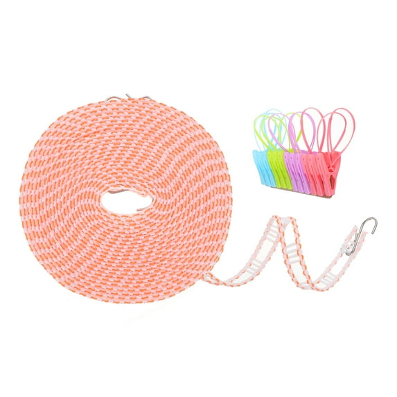 Windproof Clothesline, 8M 26ft Plastic Non-Slip Clothes Drying Rope with 12 Clips, Portable Washing Line, Orange