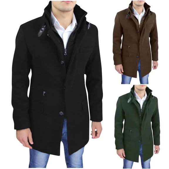Windproof Coat for Men Plus Size Casual Fake Two Piece Button Zipper Solid Long Sleeve Loose Coat with Pockets Stand Collar Outwear Trench Coat
