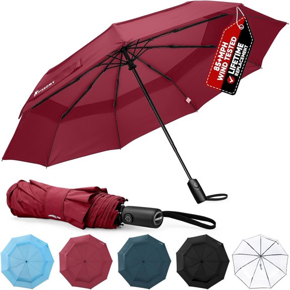Windproof Compact Travel Umbrellas for Rain and Sun, Withstands 85MPH Winds Open Close Folding Umbrella with Handle, Quick Dry Canopy for Commuting or Backpack