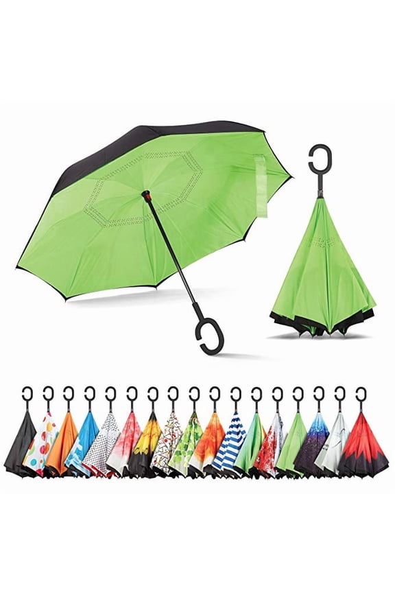 Windproof Double Layer Folding Inverted Umbrella, Self Stand Upside-Down Car Reverse Umbrella with C- Handle 3pk S9