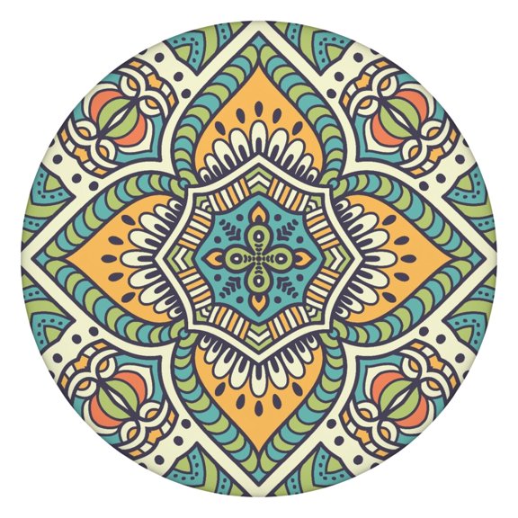 Windproof Elastic Tablecloth with Sacred Symbolic Mandala Waterproof Wipeable Round Cover for Families, Pets