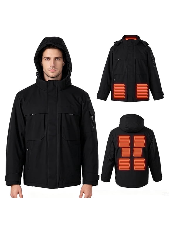 Windproof Heated Jacket with Detachable Hood,USB 3 Heating Levels 9 Heating Zones Winter Jacket for Women & Men Hiking Skiing Camping (Black, 4XL,Without Battery)
