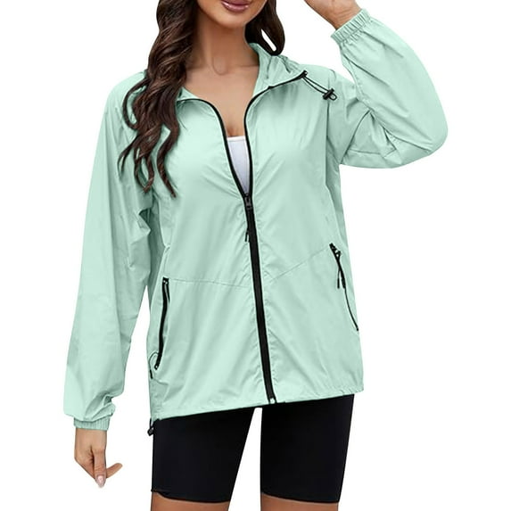 Windproof Hooded Rain Jackets For Women Lightweight Long Sleeve Zip Up Raincoat Water Resistant Packable Outerwear