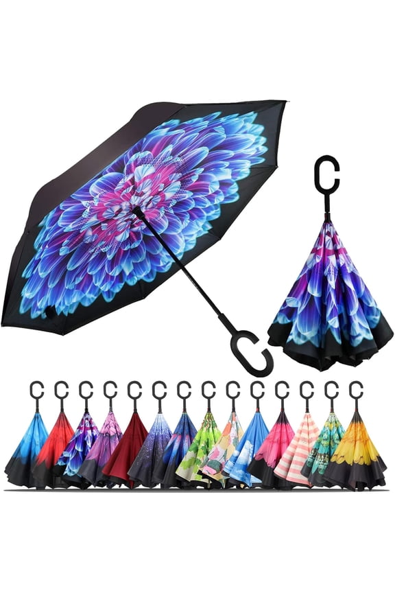 Windproof Inverted Umbrella, Large Reverse Umbrellas for Rain with C-shaped Handle Big Upside Down Inside Out Umbrella for Women & Men