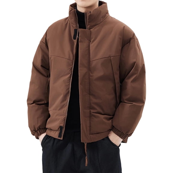 Windproof Jackets For Men Stand Collar Front Zip Velcro Outdoor Cardigan Thermal Casual Outdoor With Pockets (S, Coffee)