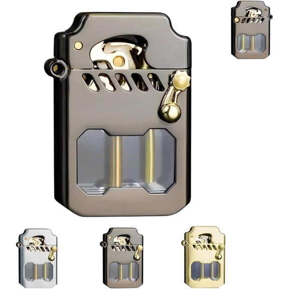 Windproof Kerosene Lighter with Transparent Oil Tank, Vintage Metal Steampunk, Refillable