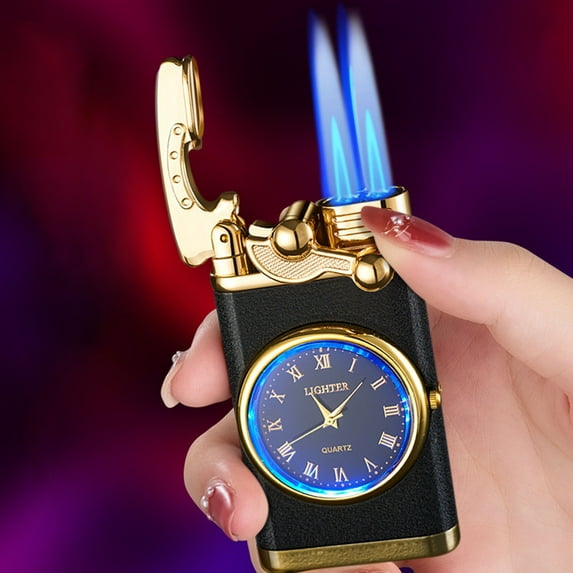 Windproof Lighter under $5! CQCYD Dual Flame Windproof Lighter with Quartz Watch, Refillable Butane Torch Lighter, Metal Blue Flame Cigar Lighter, Fashion Accessory Gift for Men