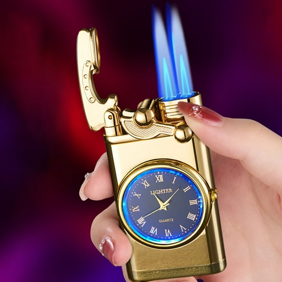 Windproof Lighter under $5! CQCYD Dual Flame Windproof Lighter with Quartz Watch, Refillable Butane Torch Lighter, Metal Blue Flame Cigar Lighter, Fashion Accessory Gift for Men