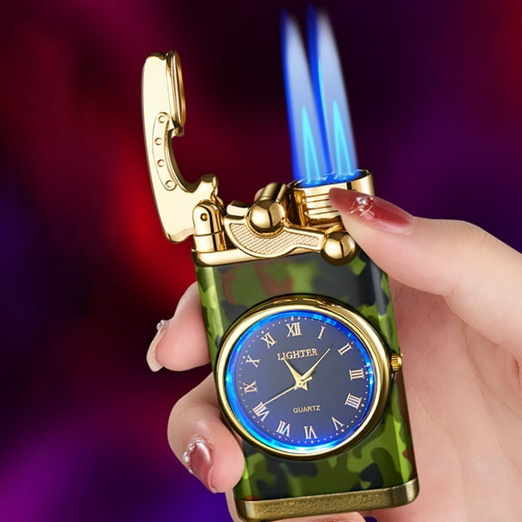 Windproof Lighter under $5! CQCYD Dual Flame Windproof Lighter with Quartz Watch, Refillable Butane Torch Lighter, Metal Blue Flame Cigar Lighter, Fashion Accessory Gift for Men