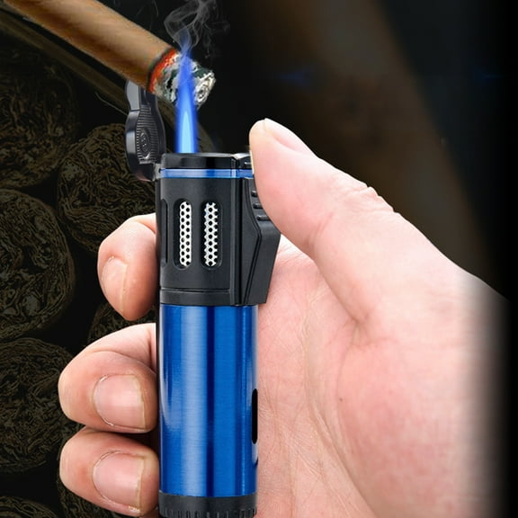 Windproof Lighter Torch Lighter, Rvkxad Three Jets Flame Cigars Lighter, Windproof Refillable Adjustable Flame for Camping Hiking BBQ, Blue