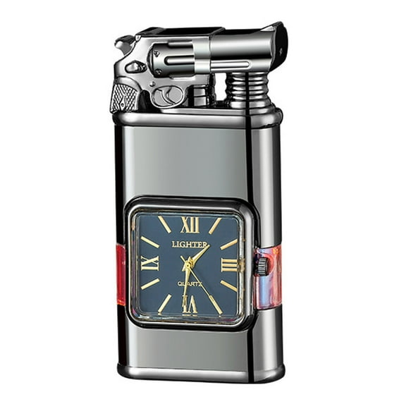 Windproof Lighter, Vintage Lighter with Watch, Jet Torch/Soft Flame Switchable Lighter, Cool Lighter with Adjustable Flame Dial, Butane Refillable for Men/Husband (Black,Fuel Not Included)