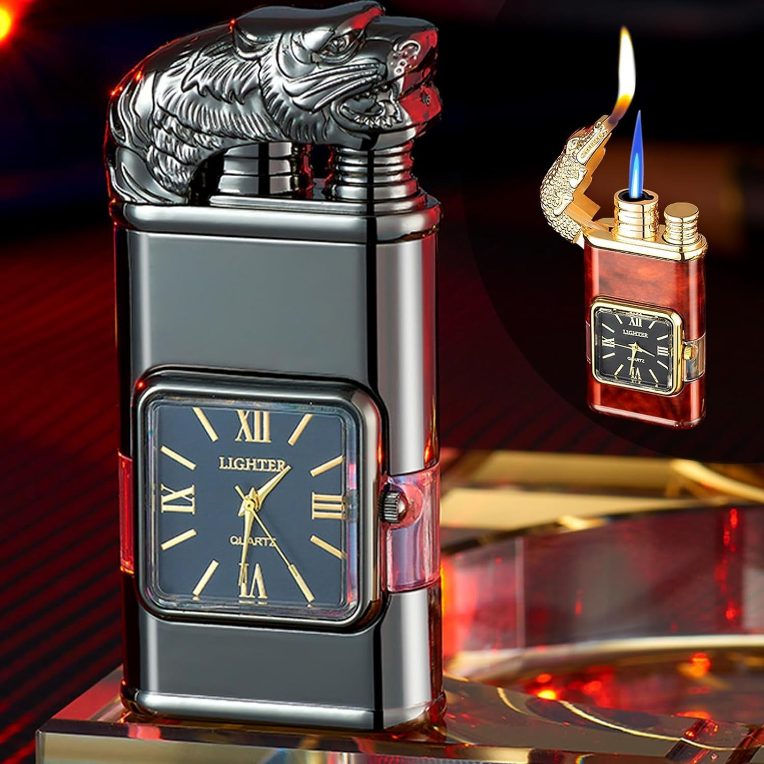 Windproof Lighter Vintage Watch Bezel Jet Flame Torch, Men's Cool Dual