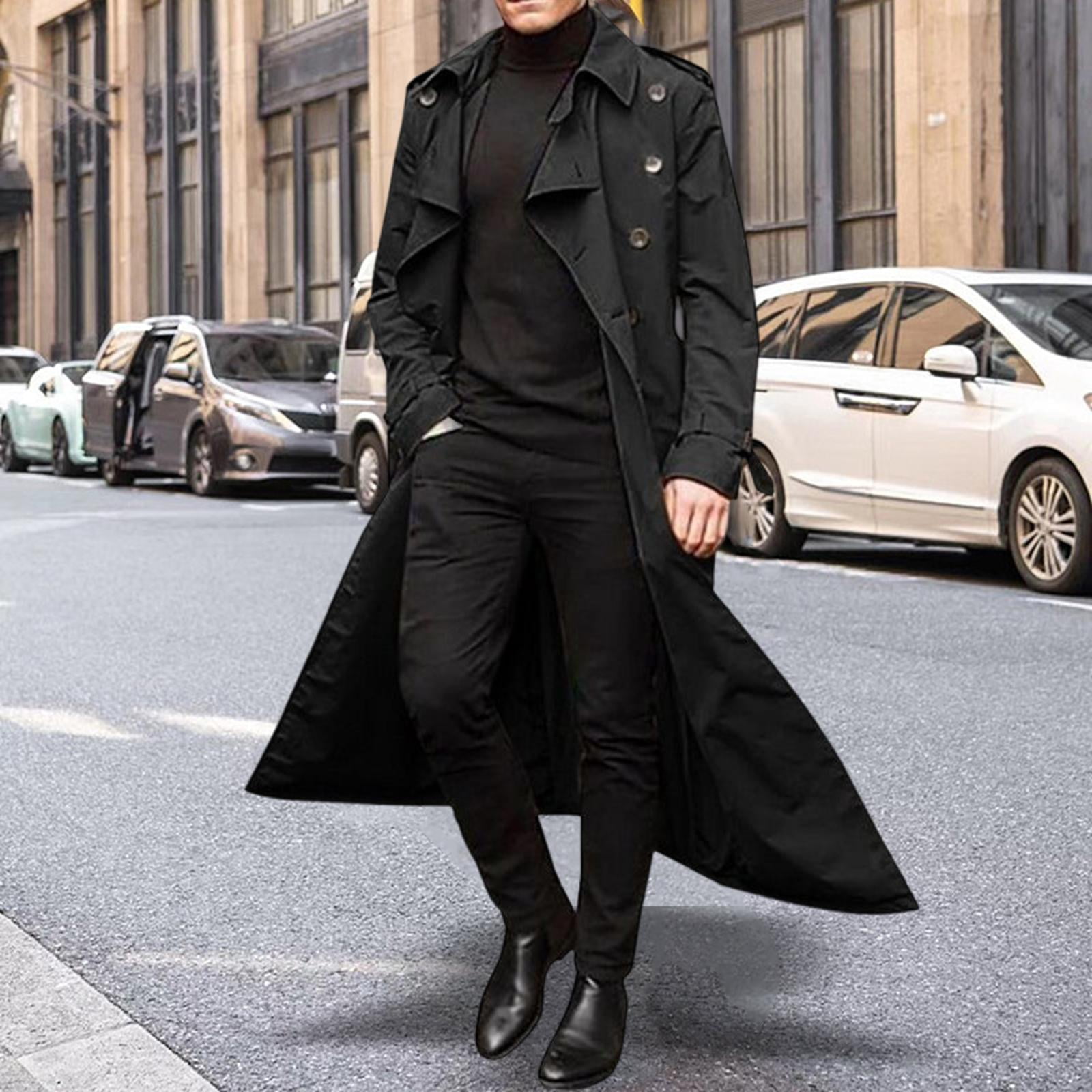 Sharplace Windproof Men's Long Trench Coat, Notched Lapel