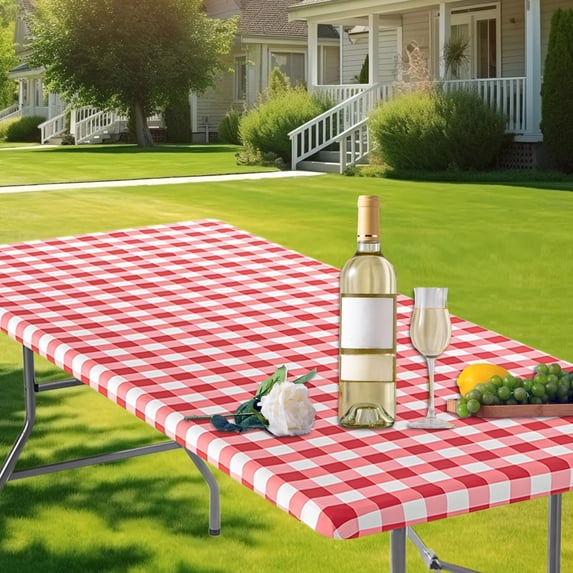 Windproof Non-Slip Fitted Tablecloth 30"x72" | Waterproof Wipe Clean with Flannel Back | Elastic Edge, Checkered Pattern | Reusable, Heavy Duty for 6 Foot Rectangle Tables | Indoor Outdoor Picnic