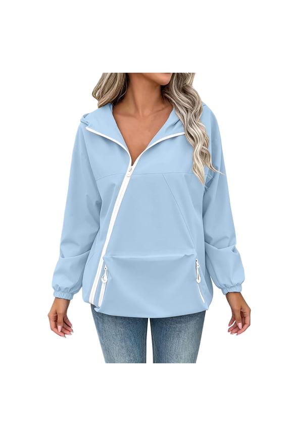 Windproof Outdoor Hiking Jacket Diagonal Zip Hooded Kangaroo Pocket Drawstring Hem Elastic Cuff Loose for Women Casual Sport Outerwear