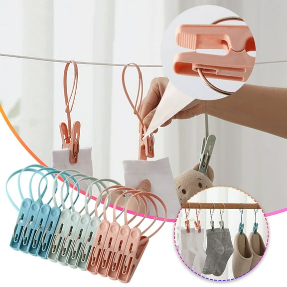 Windproof Plastic Clothespins with Rope, 12-Pack Drying Clips for Clothes & Underwear, Strong Spring Clamps for Indoor/Outdoor Use, 5.8cm x 1.3cm